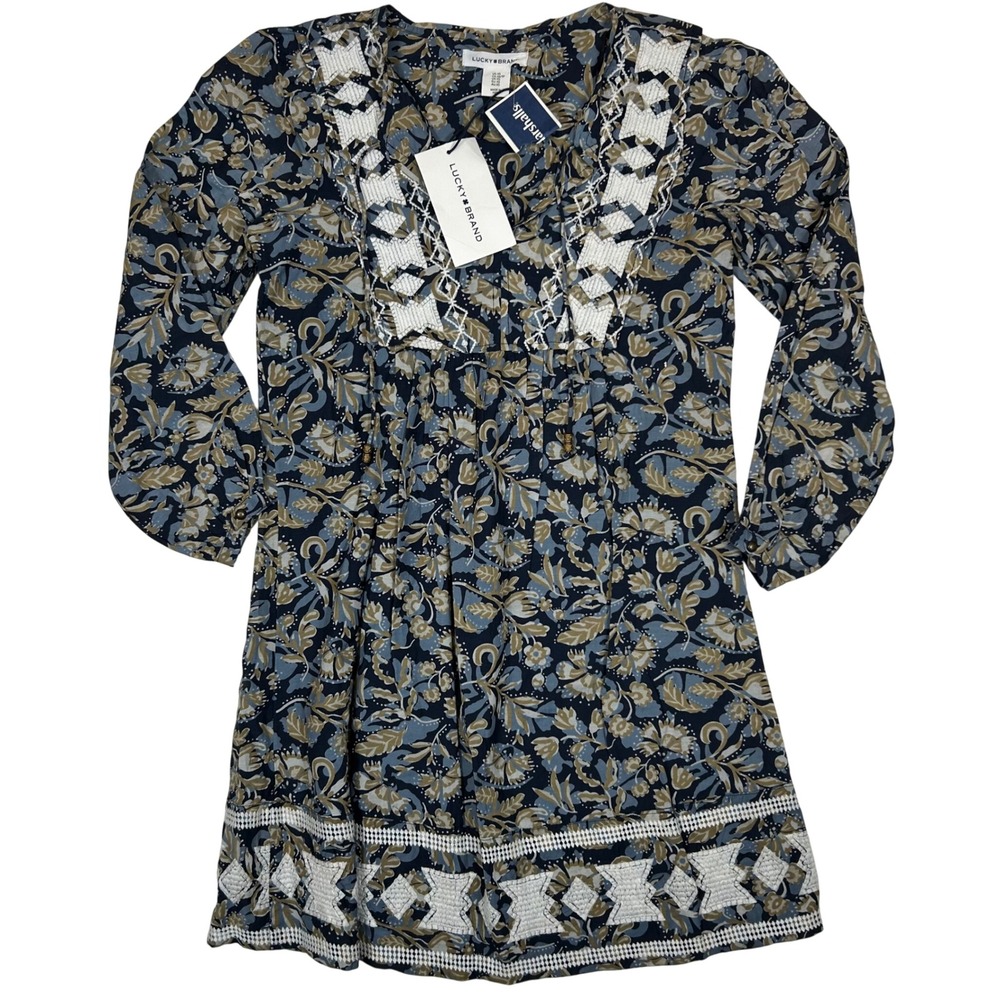 Lucky Brand Women Navy Floral Embroidered Boho Mini Peasant Dress XS NWT
